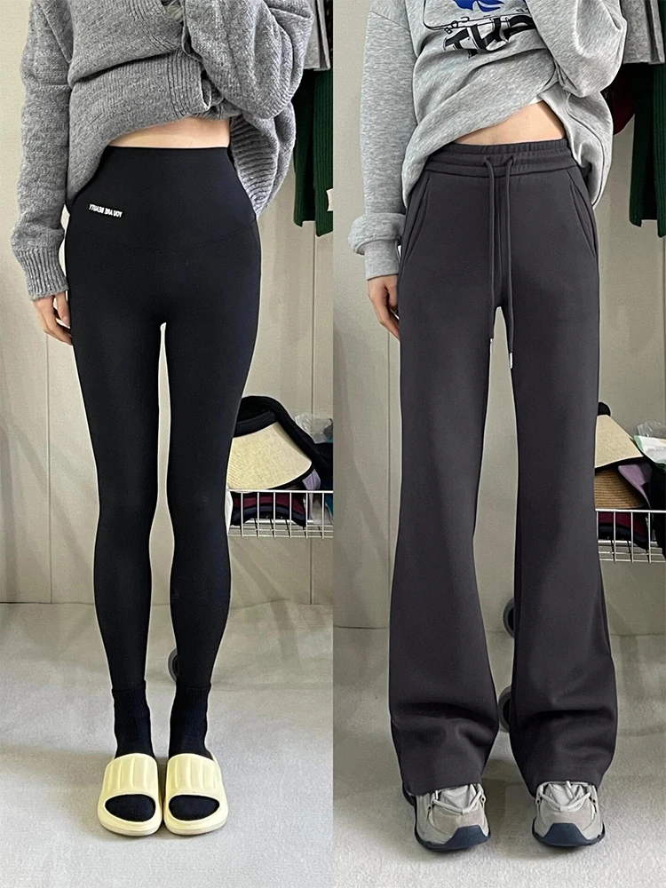 Plus Size Dark Gray Pear Shapes Micro-Pull Sports Casual Pants Women Winter Fleece-lined Plus size Chubby Girl Slimming Stret...