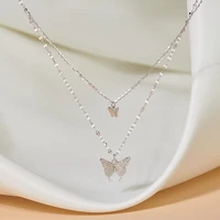 new shiny butterfly necklace for women fashiona cute exquisite double layer clavicle chain necklace jewelry for ladies gift