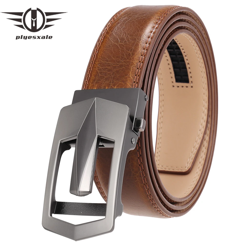 Plyesxale Brand 2023 New Mens Belts Casual Automatic Buckle Black Red Brown Cowhide Male Genuine Leather Trouser Belt B1259