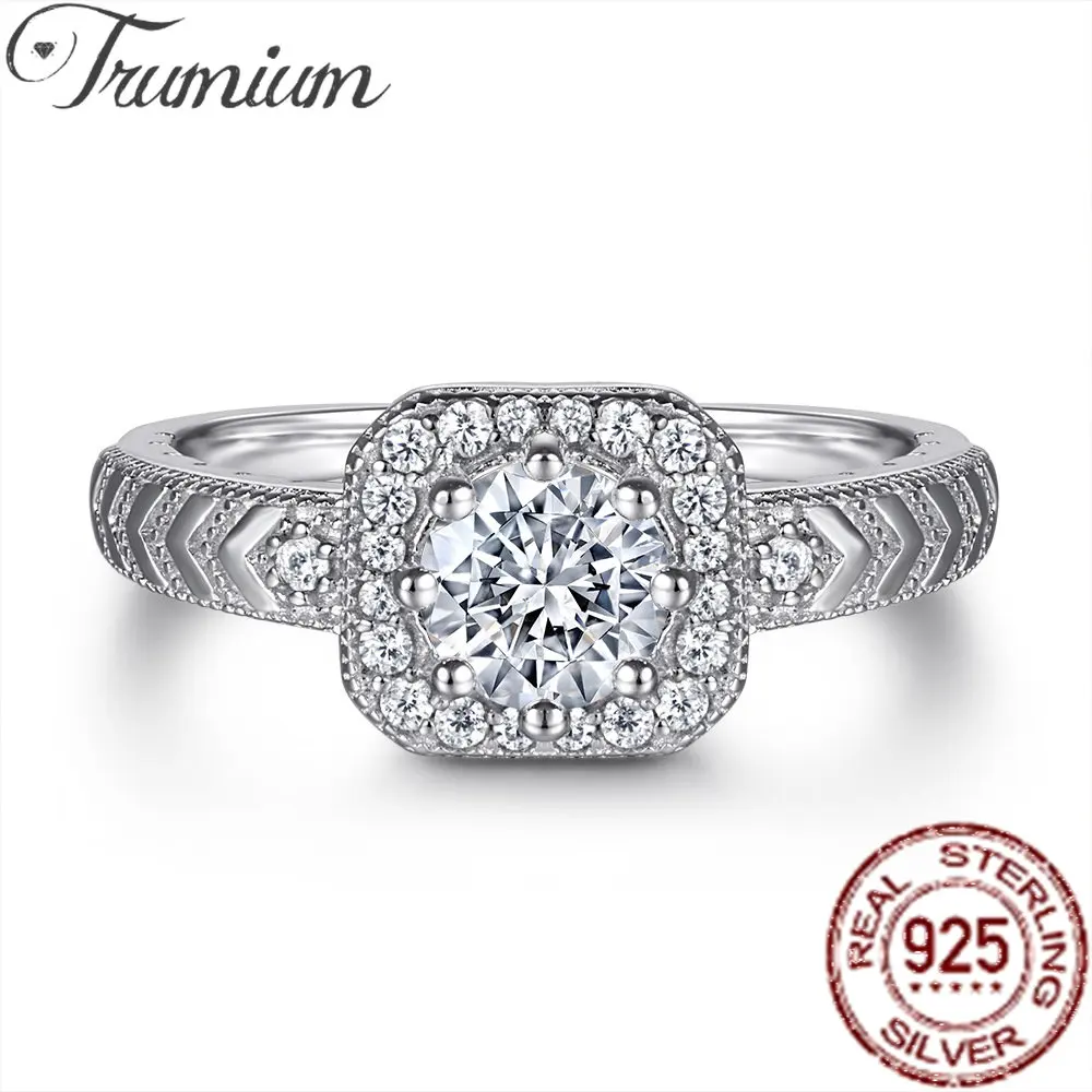 

Trumium 100% 925 Sterling Silver Sparkling Square Round Row High Carbon Zircon Ring Rings For Women Engagement Wedding Bands