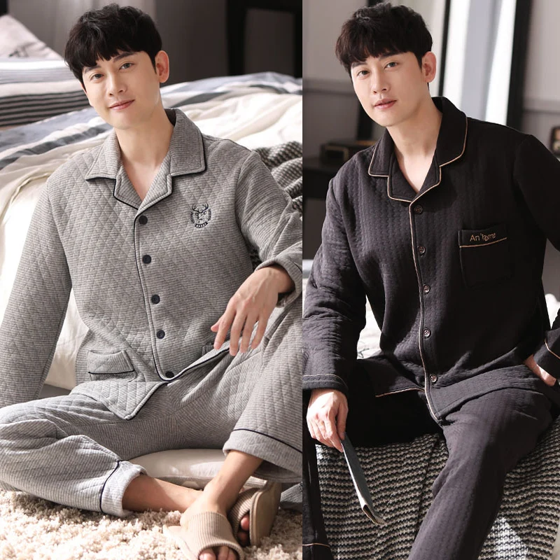 Пижама с длинным рукавом мужская хлопковая сэндвич тонкая стеганая подкладка