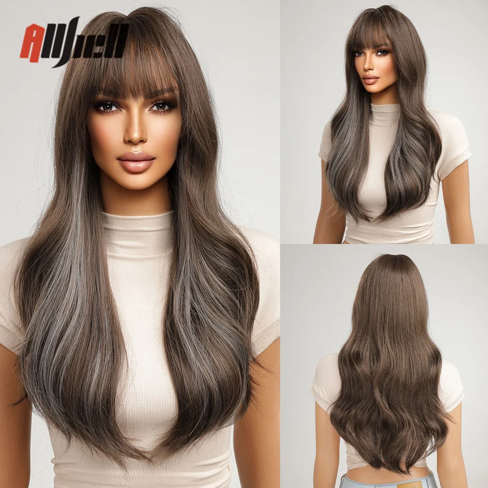 

Brown Mixed Blue Synthetic Wigs Long Wavy Wig with Bangs Cosplay Party for Women Afro Heat Resistant Fibre Daily Use Fake Hair