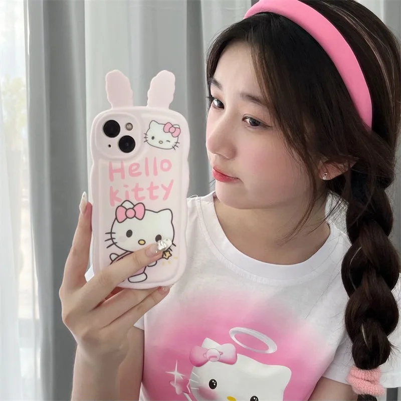 

3D Sanrio Hello Kitty bunny ears Phone Cases For iPhone 14 13 12 11 Pro Max Back Cover