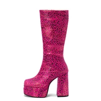 large size 50 super wide fit women leopard knee high boots suede block heels double platform booties shoes for big leg