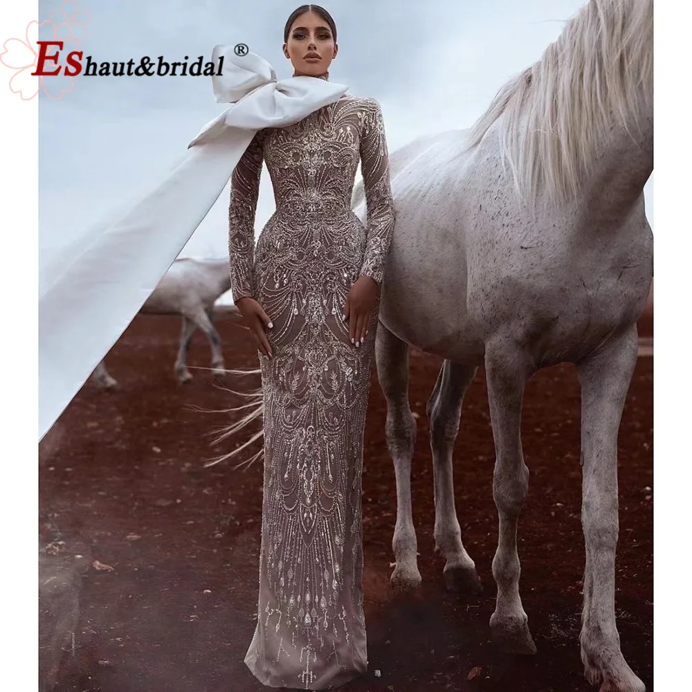 

Женское вечернее платье с юбкой-годе, элегантное мусульманское платье с длинным рукавом и высоким воротником, бальное платье с блестками и ...