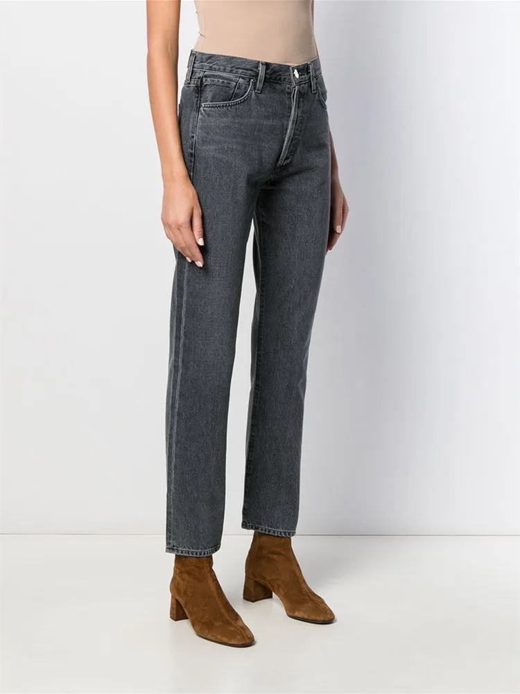 Women's Straight High Waist Jeans Solid Color 2022 Autumn Female Casual Zipper Denim Long Trousers