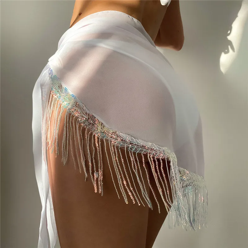 

Women Swimming Bikinis Cover Ups Summer Shiny Tassels Scarf Bandage Beach Swimwear Mesh Robe Wraps Skirts Beachwear