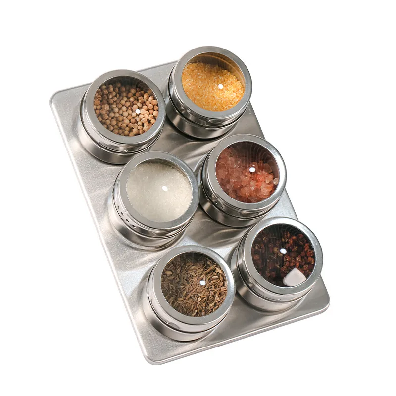 6pcs Stainless Steel Spice Tins With Magnetic Jars Wall Mounted Rack Seasoning Containers
