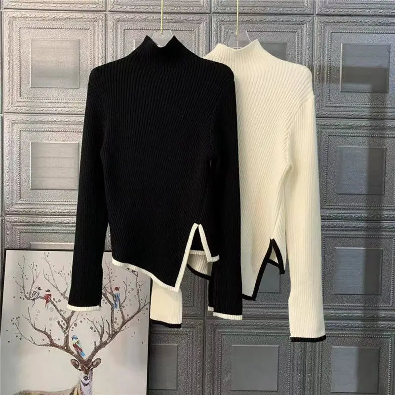 

Turtleneck Sweaters for Women's Pullovers Solid Ribbed Irregular Jumper Jersey Blouse Autumn Winter Knit Tops Korean Knitwears