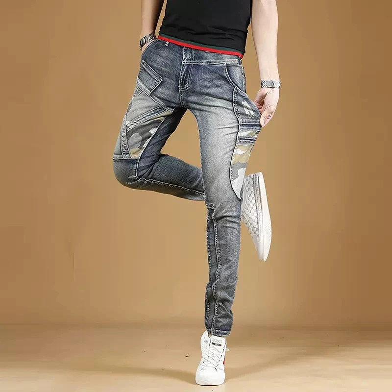 Autumn Men Blue Jeans Camouflage Patchwork Pants Streetwear Casual Slim Fit Denim Trousers