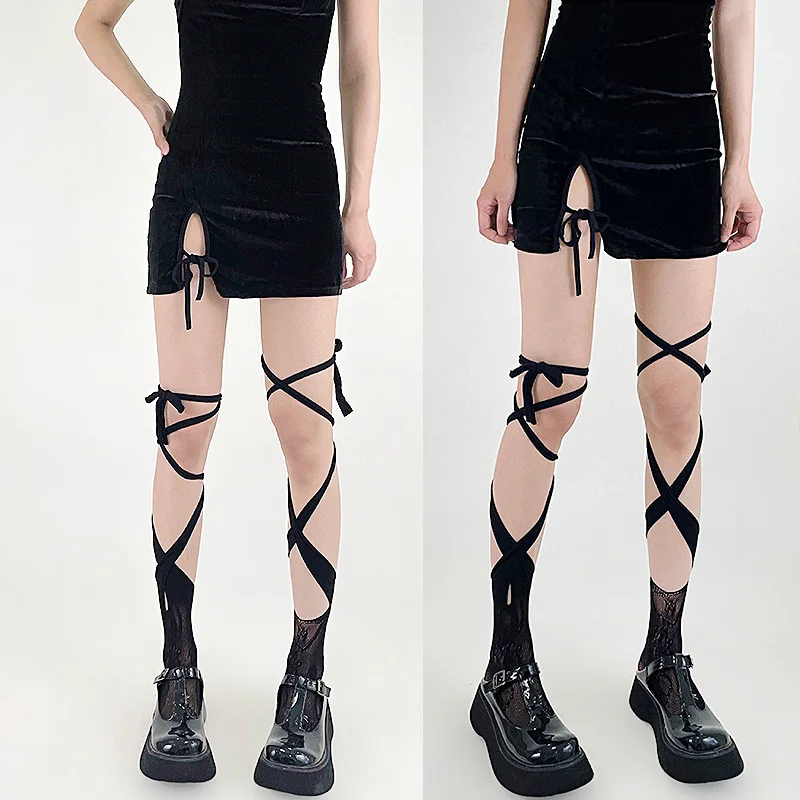 Jk Tie Lace Fishnet Stockings Irregular Split-toe Calf Socks Women's Middle Tube Sock Straps Summer Sexy Long Japanese Socks New