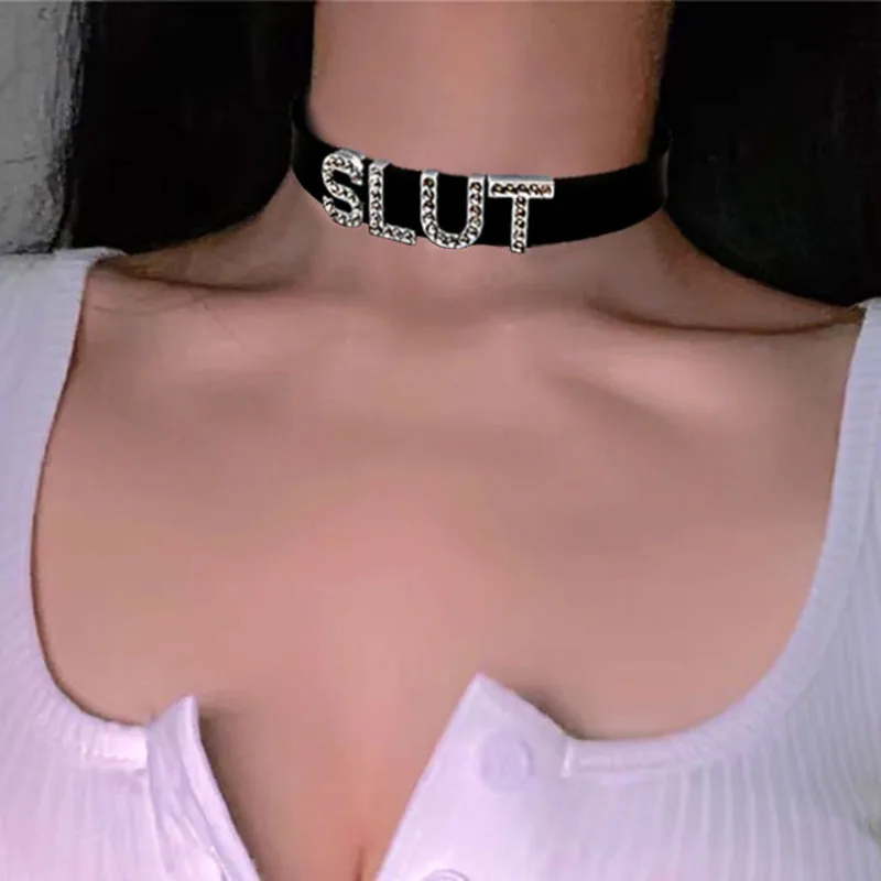 Пикантные горячие горный хрусталь буквы SLUT воротники колье ожерелья черный