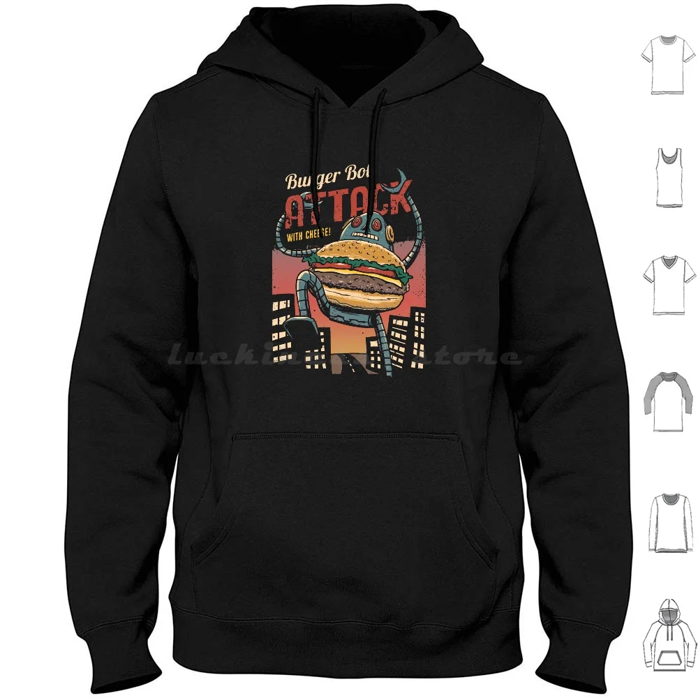 

Burger Bot Hoodies Long Sleeve Burger Burgers Vintage Robot Robots Retro Retro Robots 80S Cute