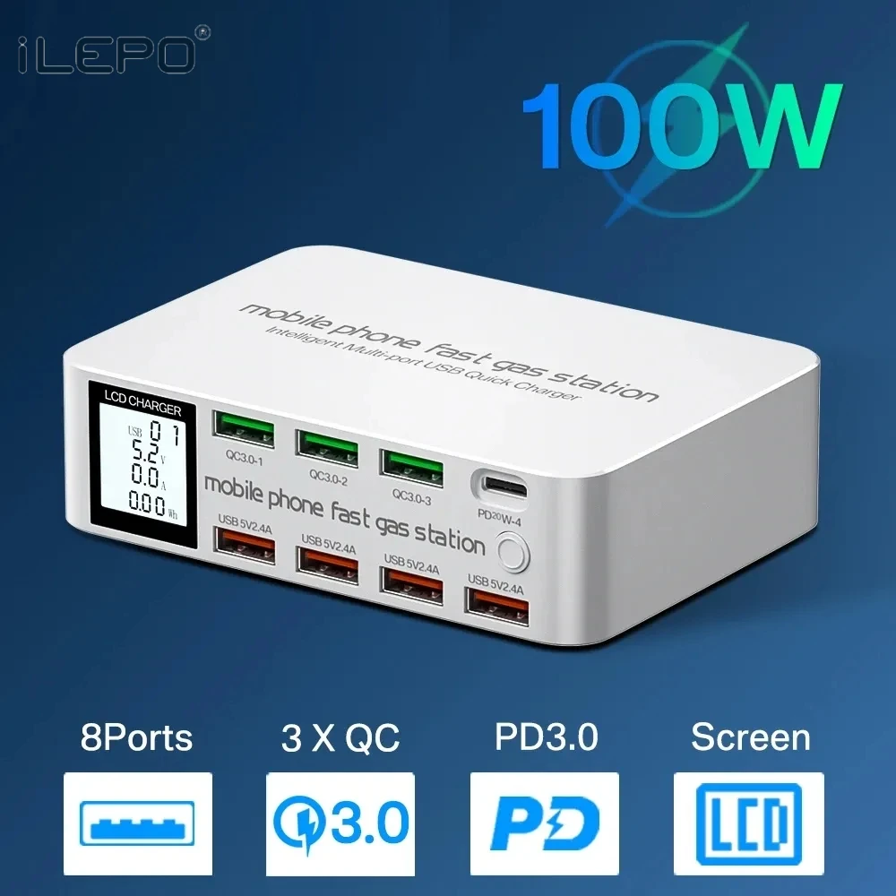 

100W 8 Ports Smart USB Charger QC 3.0 PD Fast Charge Adapter HUB LCD Display Multi USB Charger Station For iPhone Samsung Huawei
