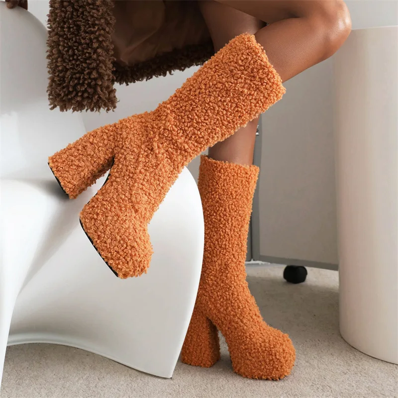 Women Boots 2022 New Luxury Winter Platform High Heels Women Shoes Designer  40 41 Party Punk Hairiness Lady Middle Calf Boots