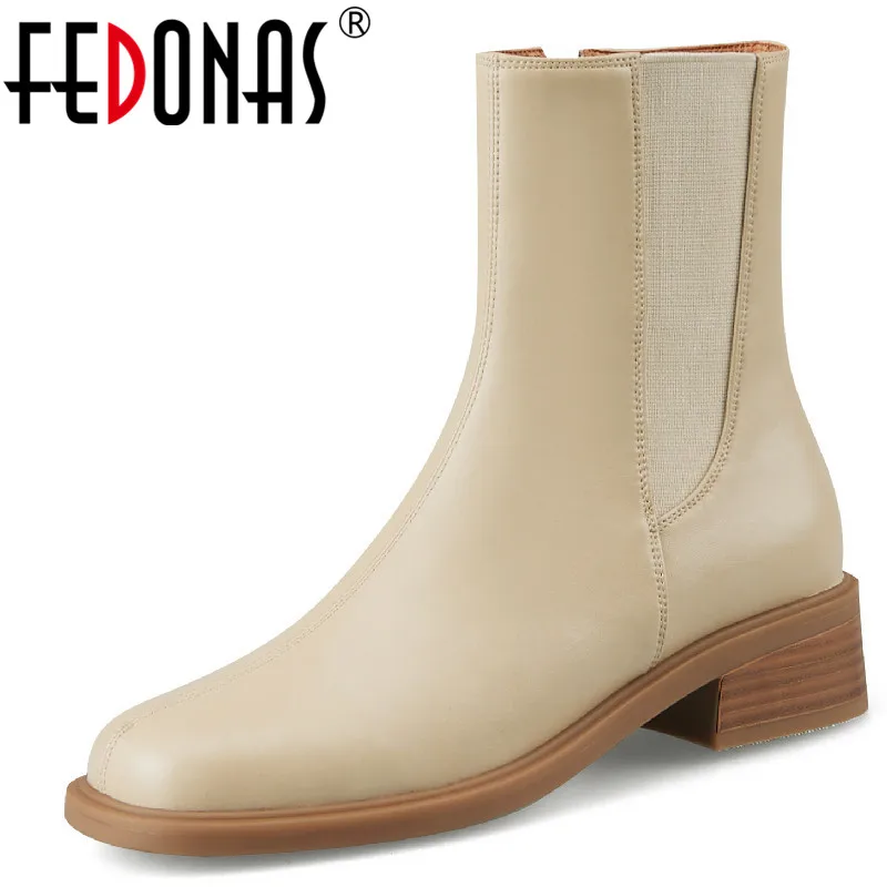 

FEDONAS Elegant Concise Women Ankle Boots Genuine Leather Office Ladies Elegant Concise Thick Heels Shoes Woman Autumn Winter