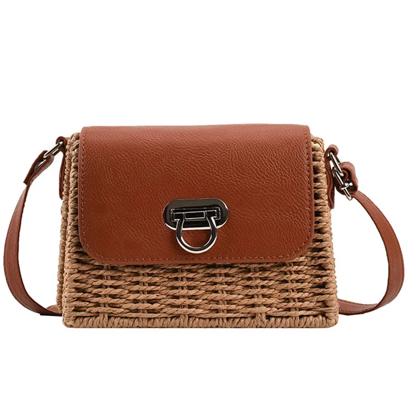 Summer Straw Bag For Women Woven Handmade Handbag   pearl Lady Tote Small square bag Vacation Beach Bag shoulder crossbody bag