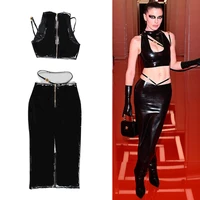 faux leather pu womens set crop top and zipper bodycon skirt elegant tracksuit two piece set summeer fitness outfits
