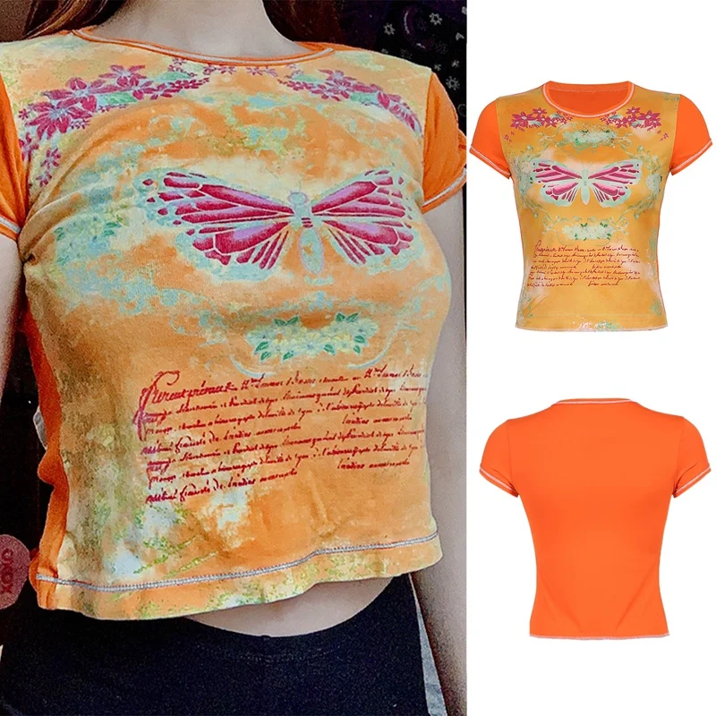 

Summer High Waist Exposed Navel Short Embroidered Butterfly Short Sleeve T-Shirt Slim And Sexy Women Sexy Tops