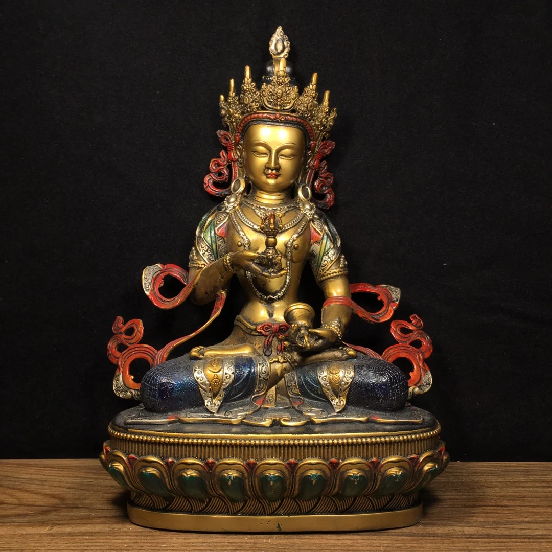 

12"Tibet Temple Collection Old Bronze Painted Vajrasattva Buddha Lotus Platform Sitting Buddha Worship Hall Town house