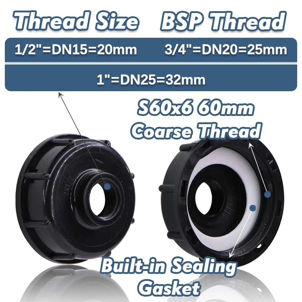 Адаптер шарового клапана из ПВХ 1/2 дюйма 3/4 1 дюйм бак IBC с грубой резьбой S60x6 1000 л