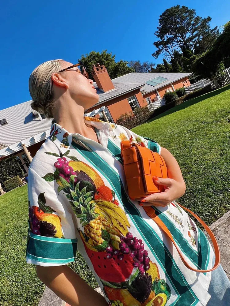 

Женская льняная рубашка с коротким рукавом, Повседневная Свободная рубашка с отложным воротником и принтом фруктов, лето 2022