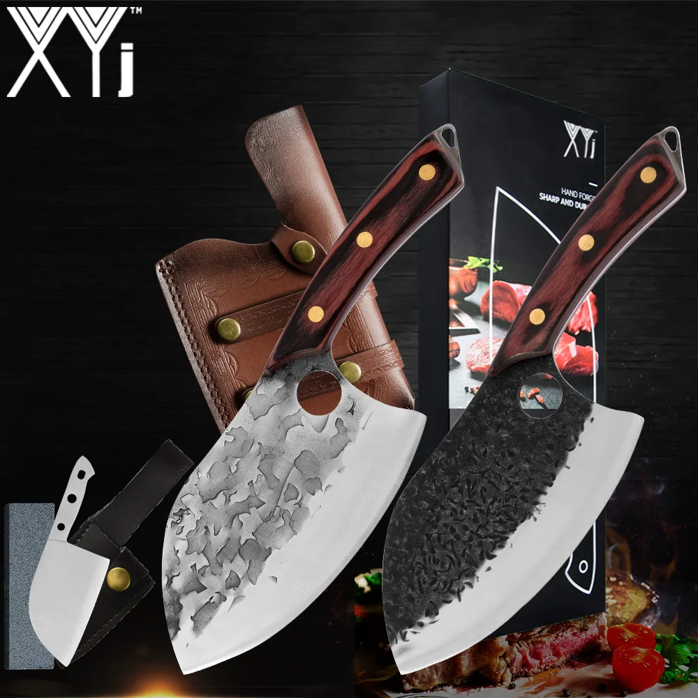 

XYj 7'' INCH Butcher Cleaver Knife Set Leather Cover Sheath Gift Box Mini Knife Blade Sharpener Stone Meat Fish Cooking Tools