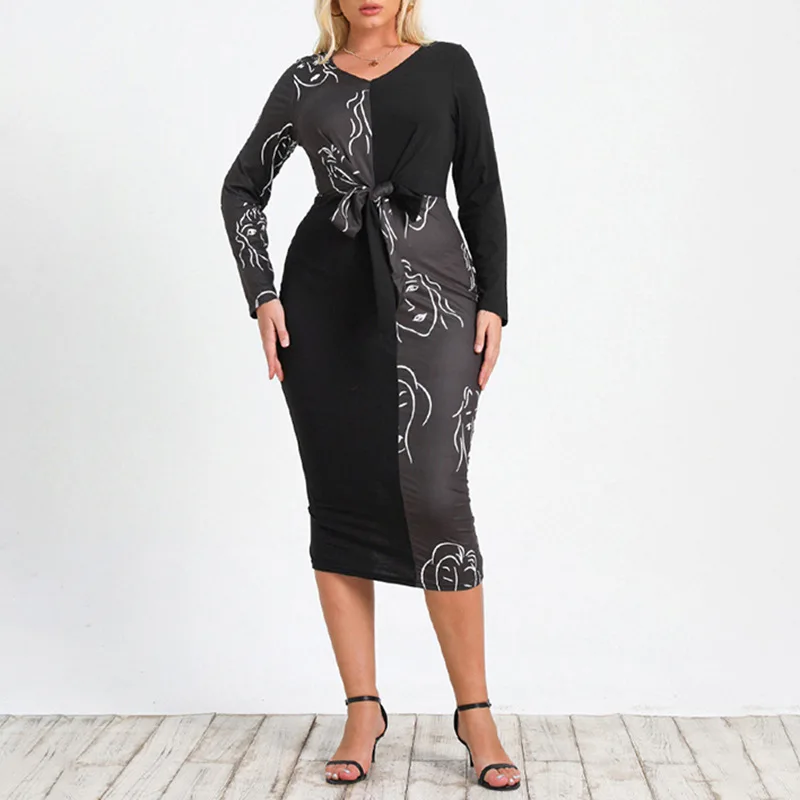 

Light Mature Slim Fit Print Strap Large Women's Slit Long Sleeve bodycon dress