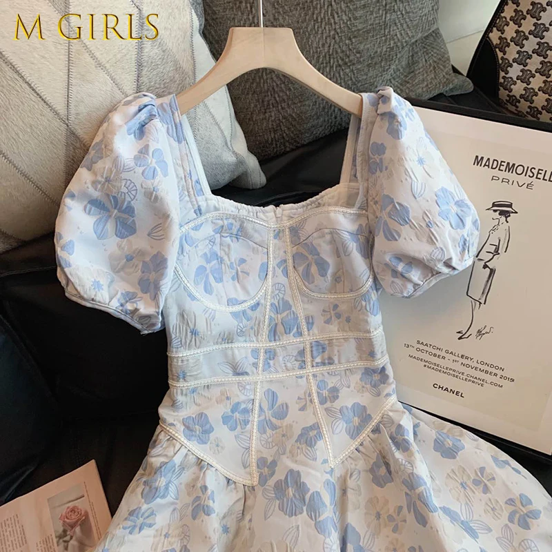 

Платье женское летнее с квадратным вырезом, коротким рукавом-фонариком и цветочным принтом