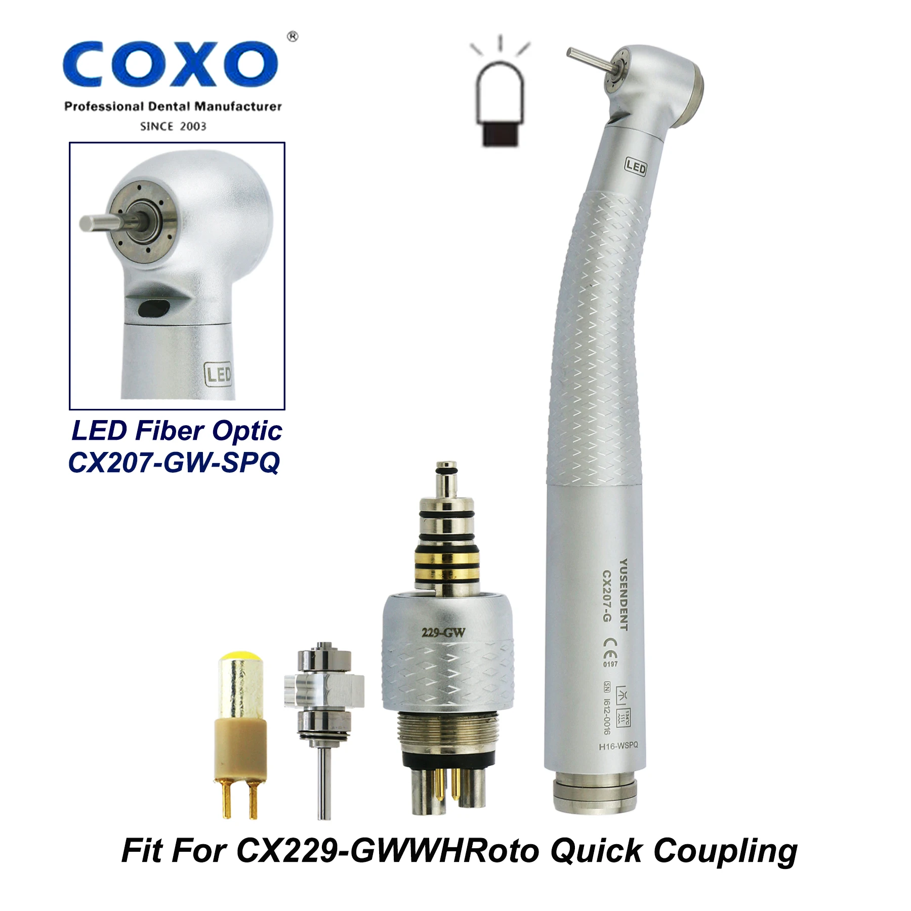 

COXO YUSENDENT Dental High Speed Fiber Optic Air Turbine Standard Head LED Handpiece Fit CX207-GWWHRoto Quick Coupling 6Holes