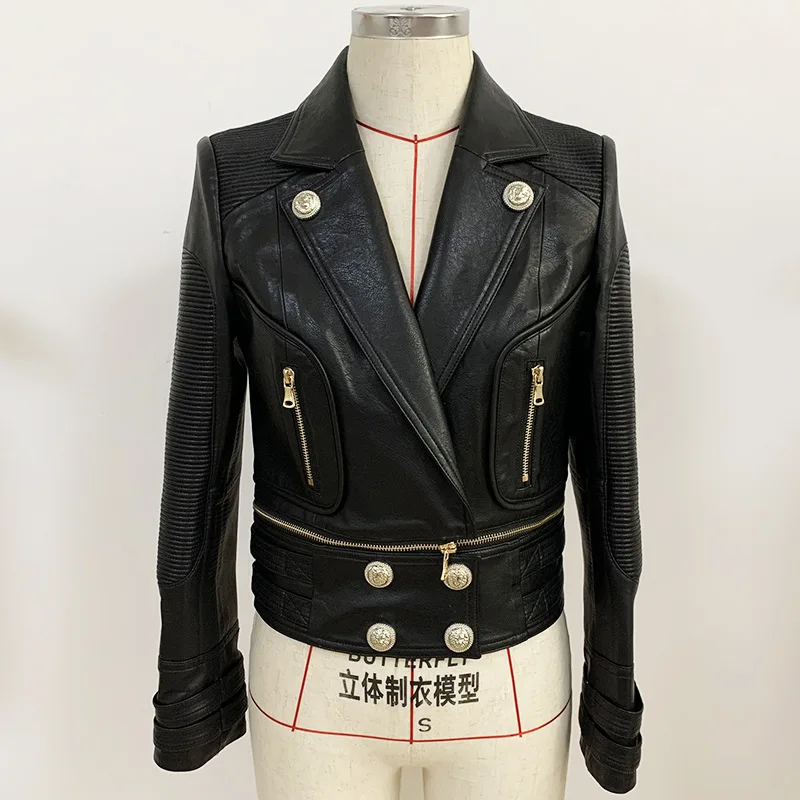 Newest Fall Winter 2023 Designer Motorcycle Jacket Women's Lion Metal Buttons Double Breasted Synthetic Leather Blazer Overcoat