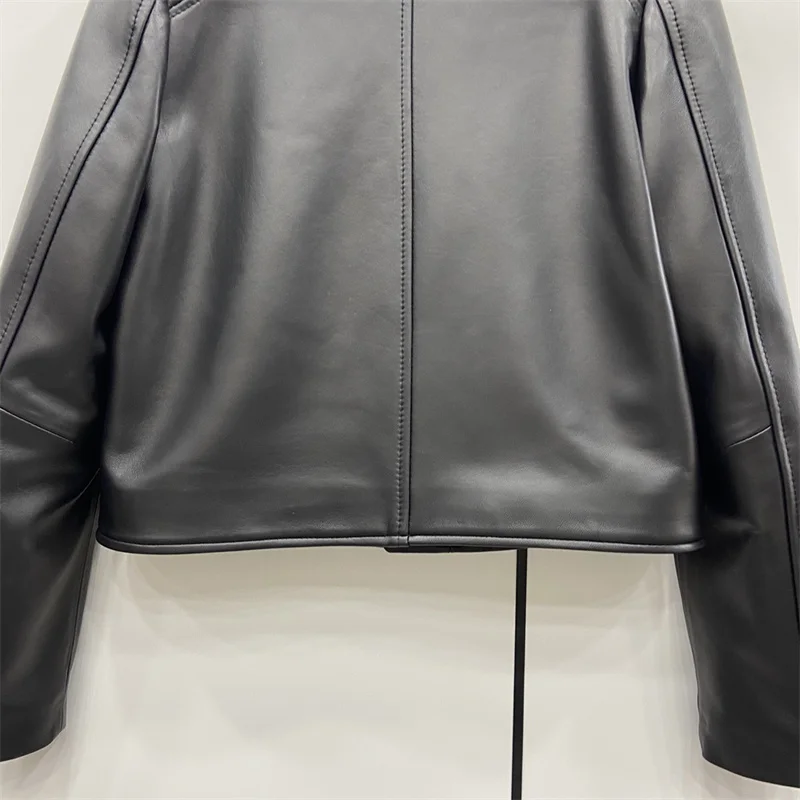 2022 New Real Sheepskin Leather Coats Female Women's Fashion Genuine Leather Motorcycle Jackets V Collar Outerwear With Belt