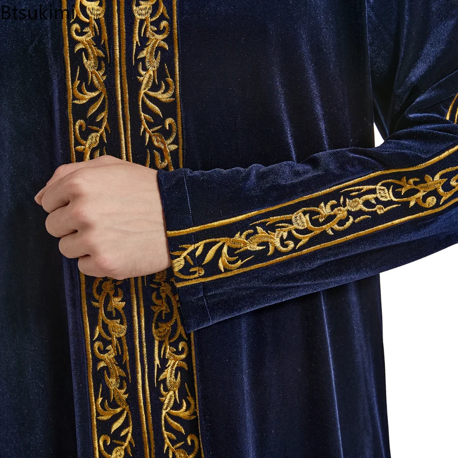 Middle East Gold Velvet Embroidery Muslim Men's Robe Arabian Islamic Prayer Dress National Costume Noble Luxury Long-sleeved Top