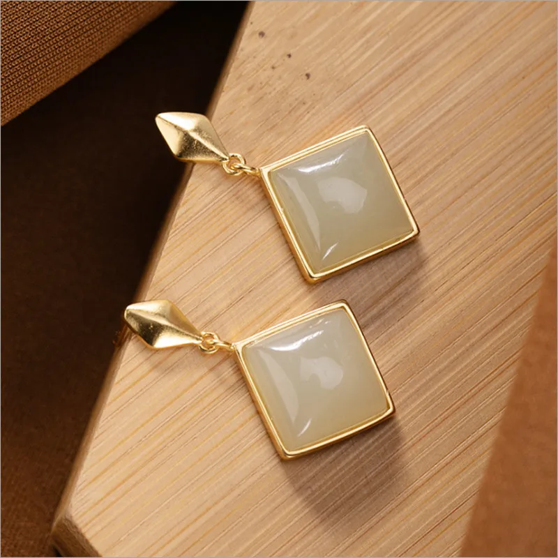 

Uglyless Fashion Simple Square Jade Agate Earrings Geometric Rhombus Gold Jewelry 925 Silver Gemstones Brincos Fashion Bijoux