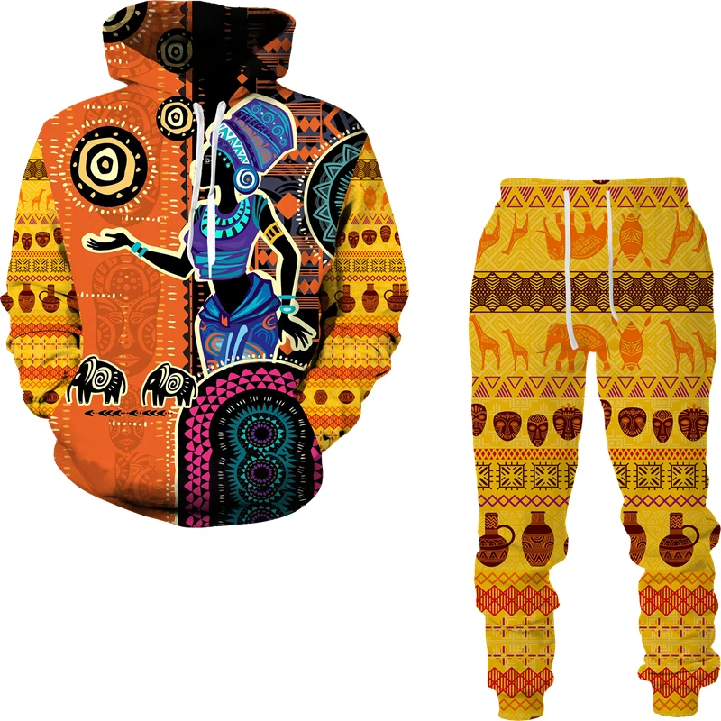 

Spring Autumn African Folk-custom 3d All Over Print Hoodies Pants Tracksuit Native Style Casual Pullovers Sportswear Men's Set