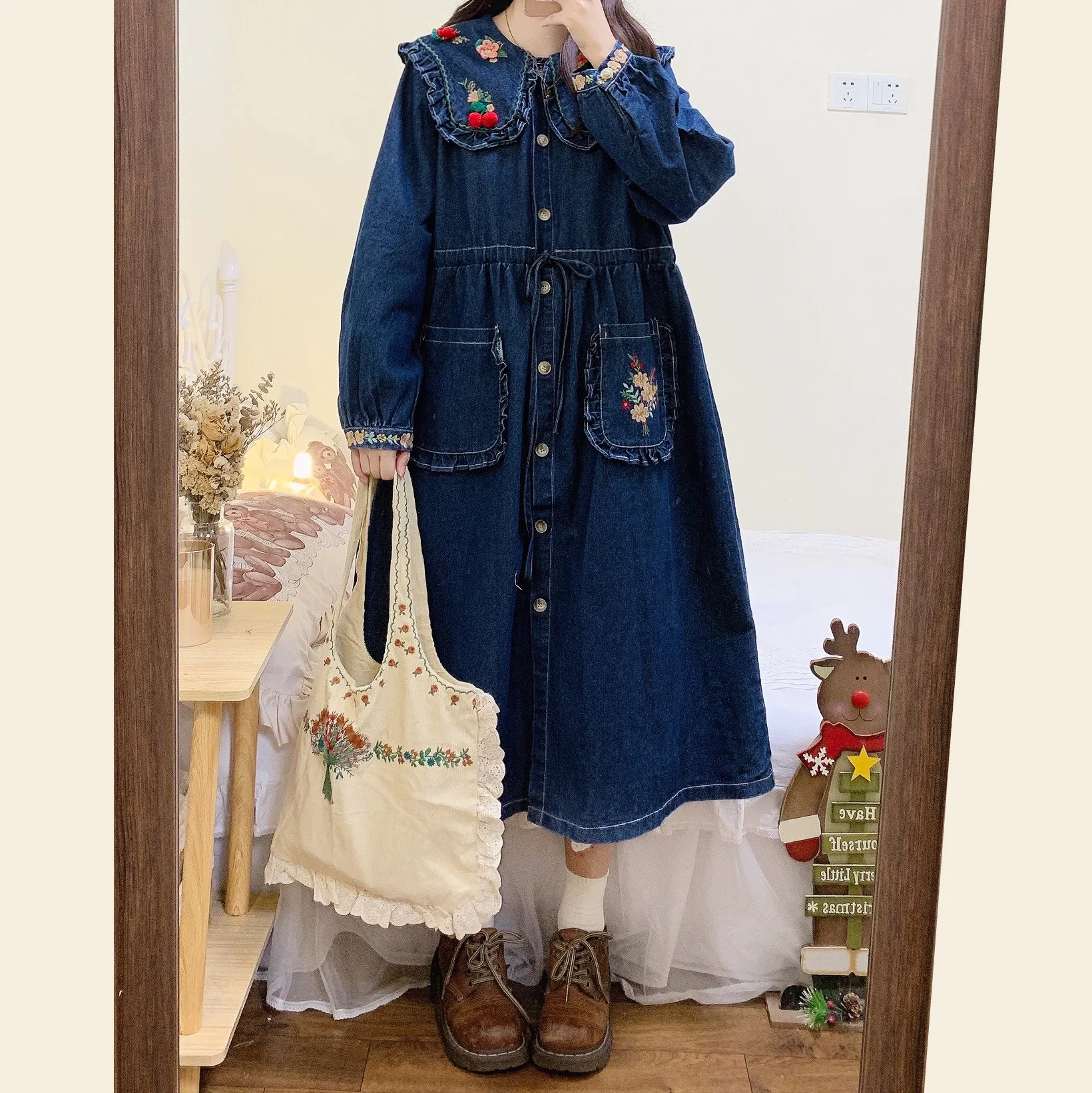 

Mori Girl Denim Embroidery Knitted Floral Loose Waist Midi Dress Aesthetic Cottage Core Long Sleeve Peter Pan Collar Long Dress