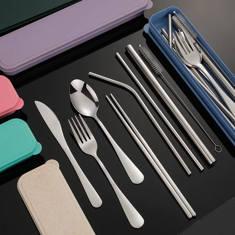 

8 Piece Stainless Steel Cutlery Set Portable Cutlery Knife Fork Spoon Chopsticks High Quality Home Travel Cutlery With Box