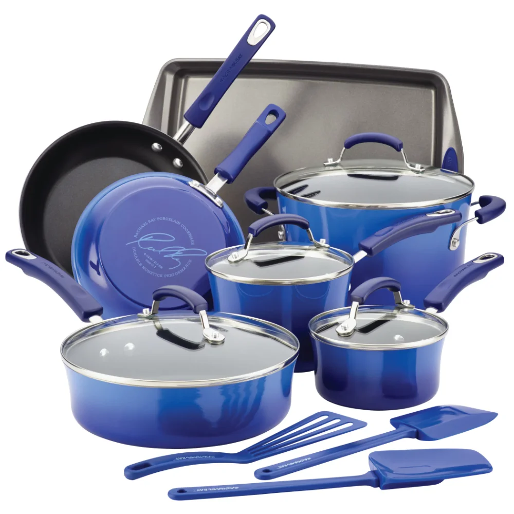 

Porcelain, Aluminum, Glass 14-Piece Hard Porcelain Enamel Nonstick Pots and Pans Sets, Cookware Set, Blue