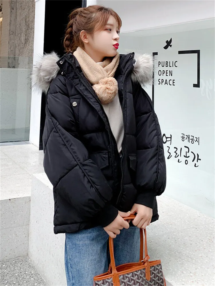 2022 New Down Cotton Coat Women Winter Thickened Bread Clothing Hooded Big Fur Collar Candy Color Jacket Outer Wear JD2253 enlarge