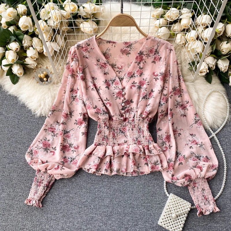 

Clothland Women Sweet Floral Chiffon Blouse V Neck Elastic Waist Crop Top Long Sleeve Shirts Blusa Mujer LA412