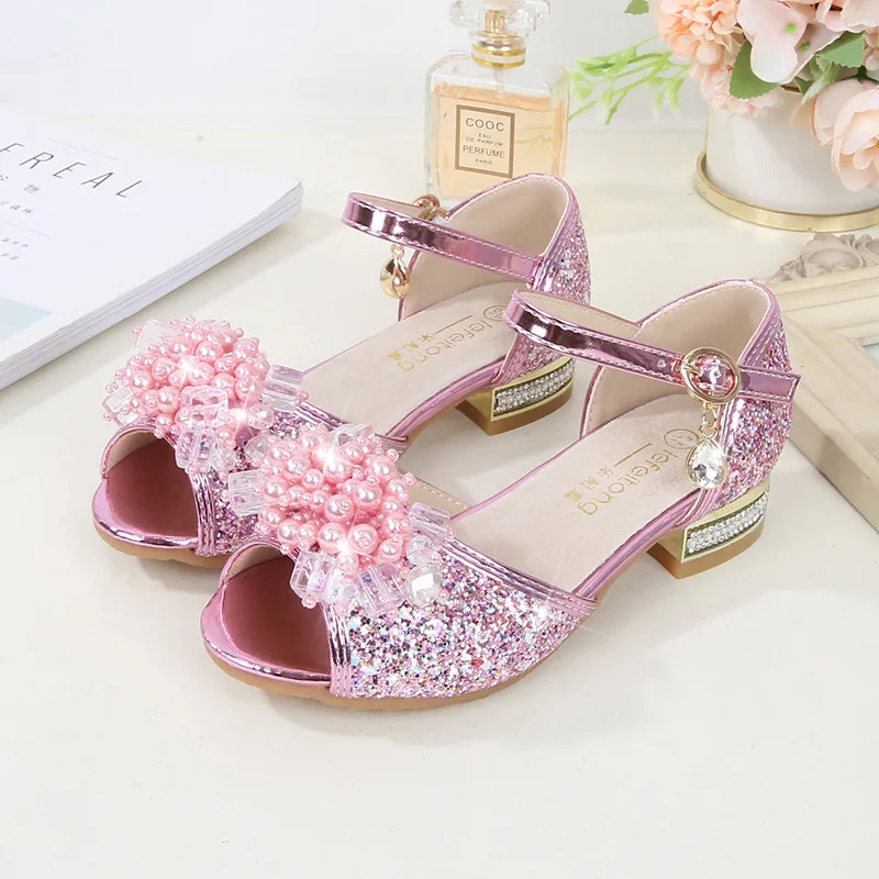 

Children's Crystal Sandals Summer Fashion Girl High Heels Princess Fish Mouth Flower Pearl Dance Party Students Performing Shoes