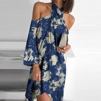 dress for womens summer print halter neck fashion medium sleeve irregular sexy off shoulder casual party club blue dresses