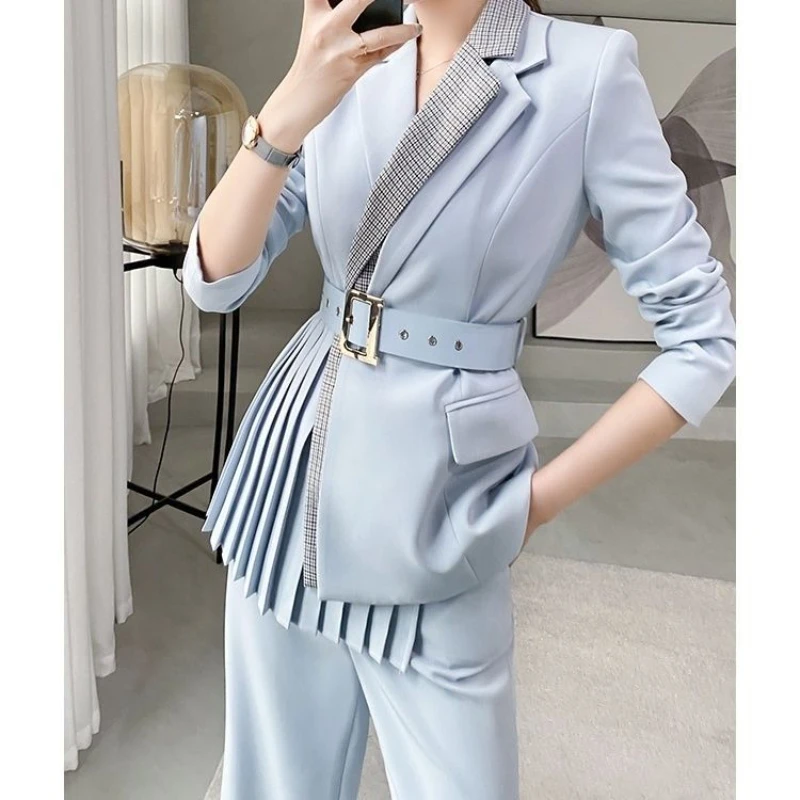 Dress Irregular Pleated Thin Blazers Coat OL Turn Down Collar Suit Cardigan Belted Jacket Tops + Long Pants Spring Fall 2pcs Set images - 6