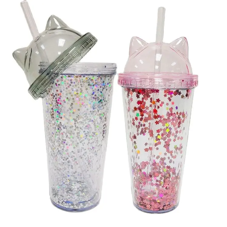 

420ml net red cat ear sequins double-layer plastic water cup straw cup juice cup large-capacity creative gift cup.