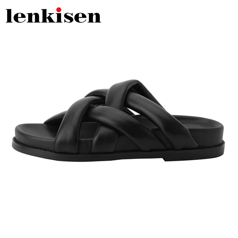 

Lenkisen Microfiber Peep Toe Thick Bottom Platform Narrow Band Young Lady Daily Wear Concise Style Handmade Women Slippers L32