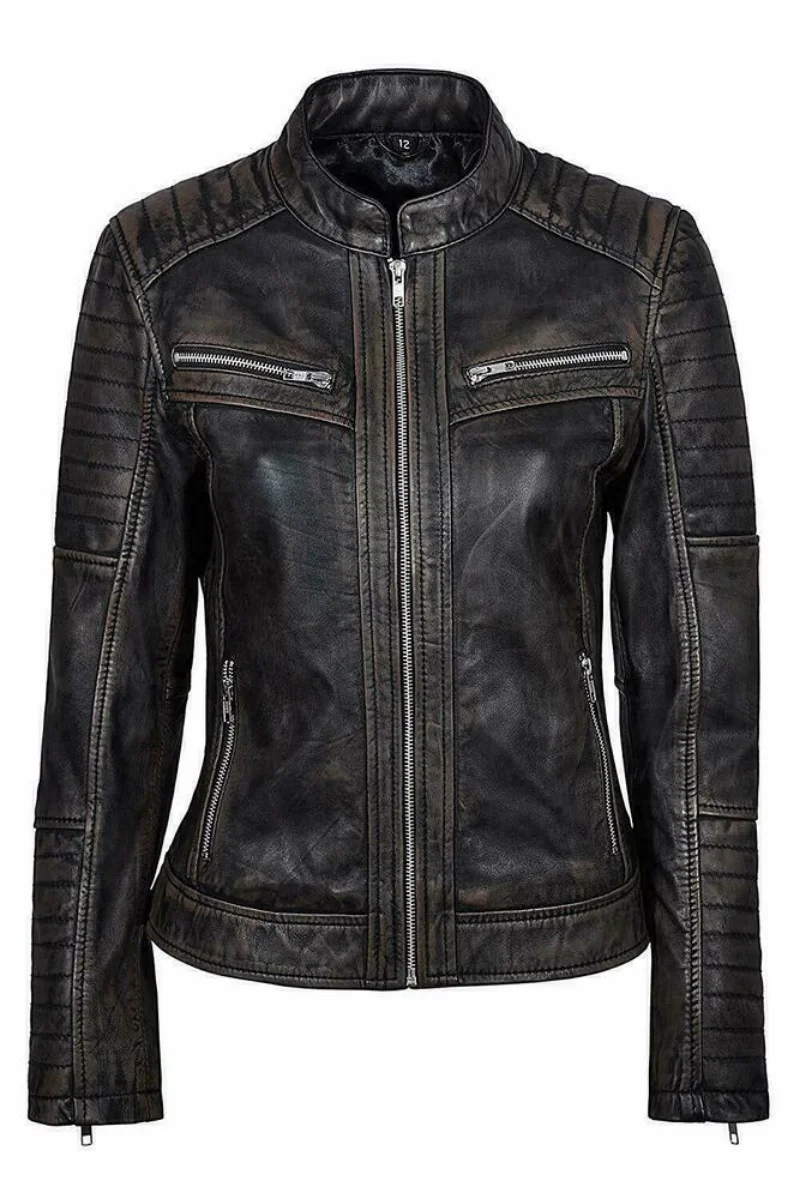 Women Genuine Lambskin Leather Jacket Black Slim Fit Biker Motorcycle Coat Stand Collar High-grade Windbreaker