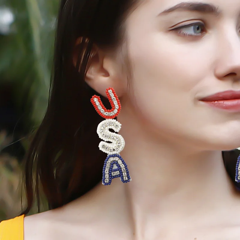 

Patriotic USA Letter Earrings with Red/White/Blue Color American Independence Day Dangle Earring for Women Girl Beads Jewelry