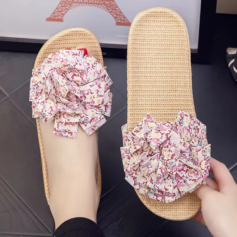 SENDNAKAI  Linen Women's Home Series Slippers in the Four Seasons Indoor Thick Sole Anti slip Couple Slippers in Summer