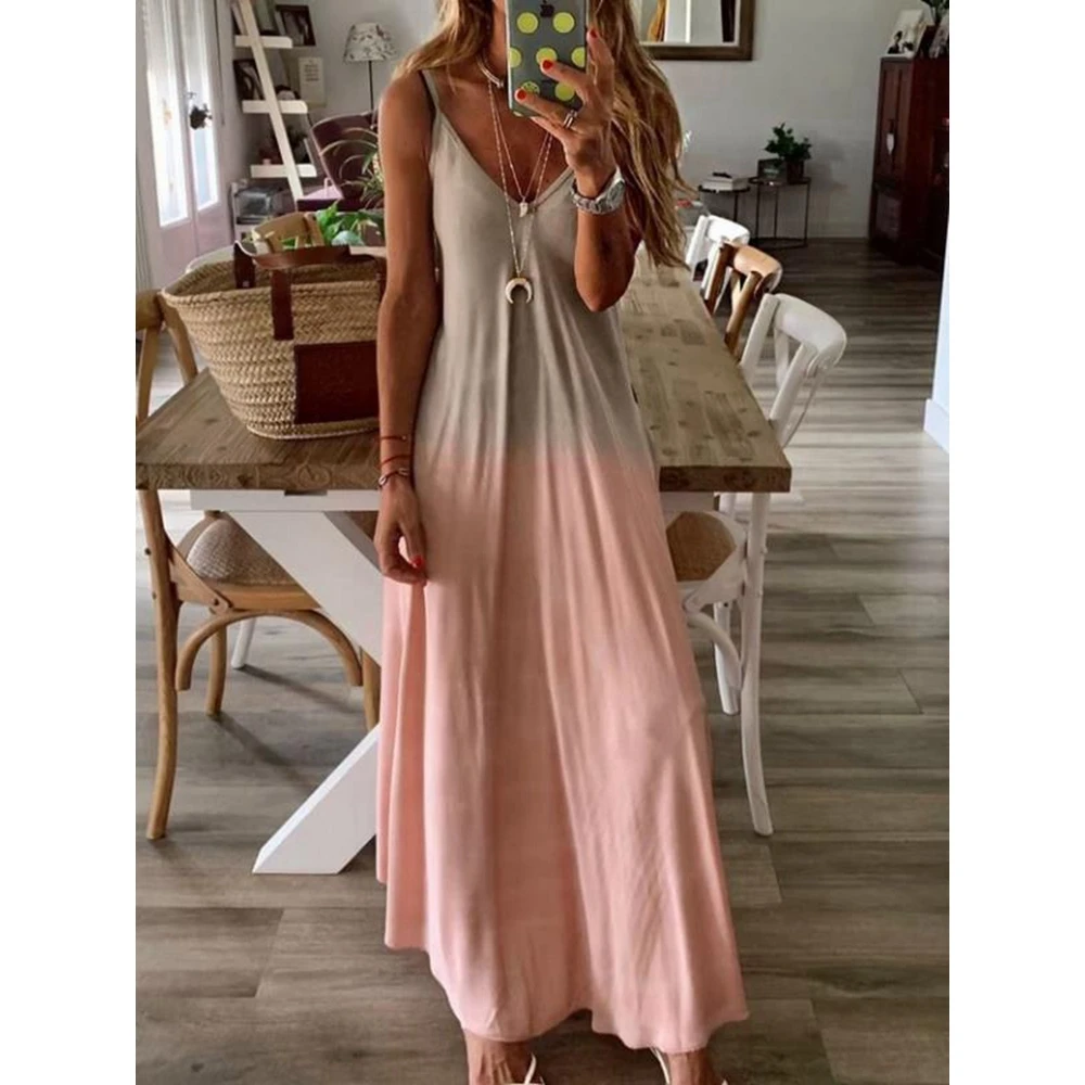 

Women's Summer Casual Tie Dye Ombre Print V Neck Spaghetti Strap Maxi Dress Femme Sexy Slim Sling Long Dress Homewear Streetwear