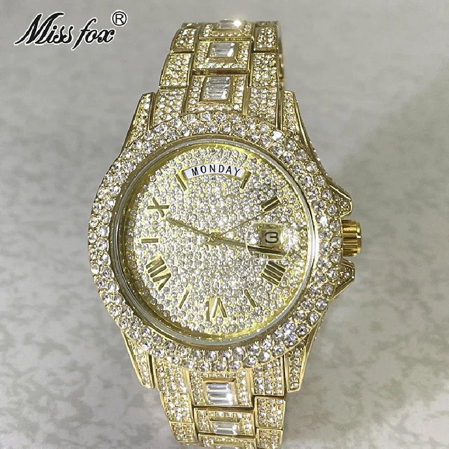

MISSFOX 18K Gold Luxury Men Watch Iced Out Full Diamond Multifunction Date Adjust Wristwatch Calendar Week Display Quartz Clocks
